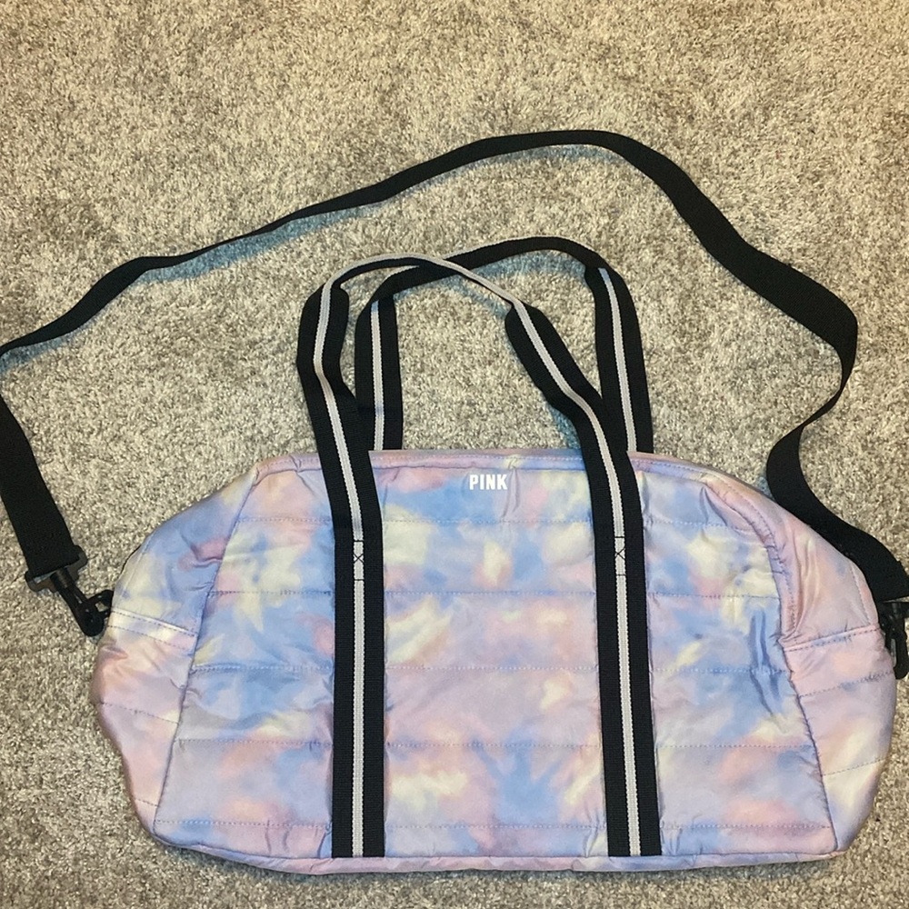PINK duffel bag. Pink/blue watercolor pattern.